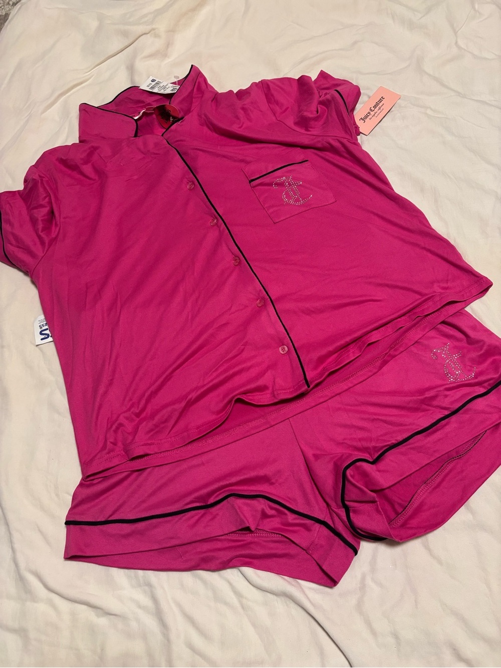 Hot Pink Short Sleeve Sleep Set with Contrast Piping rhinestone logo